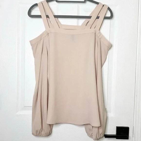 BCBGMAXAZRIA Blush Pink‎ Taupe Size S Strappy Cold Shoulder Blouse - Picture 6 of 6